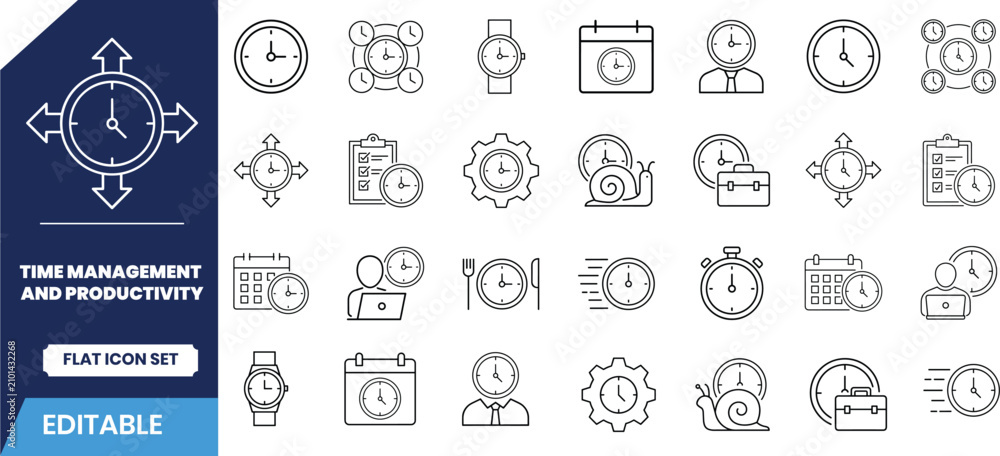 Fototapeta premium Time management icon set editable vector graphics for productivity and scheduling