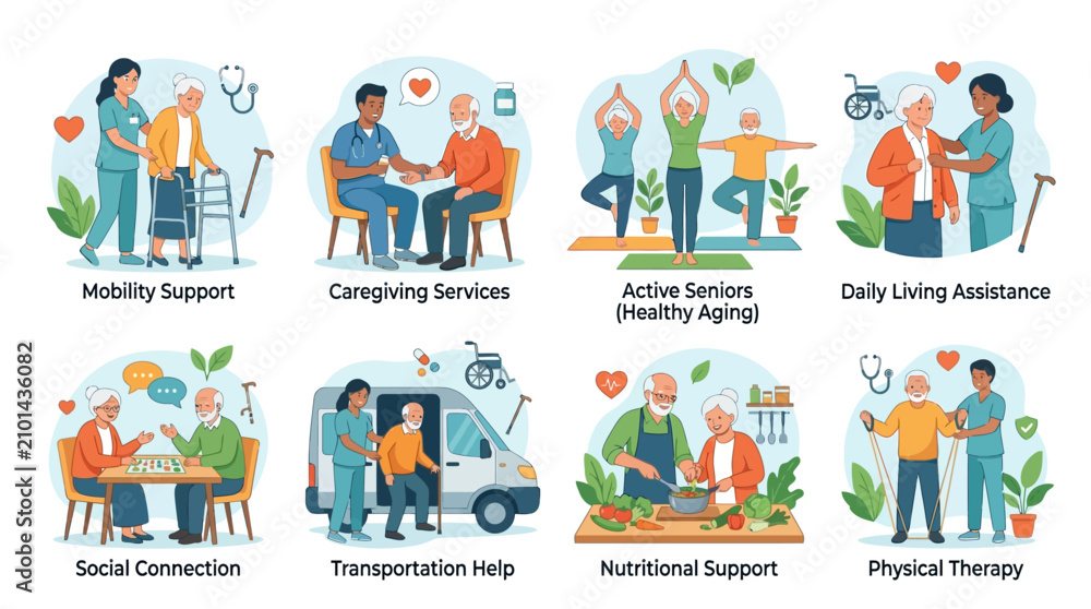 Fototapeta premium Senior Citizens Care and Nursing Assistance Service Concepts Set