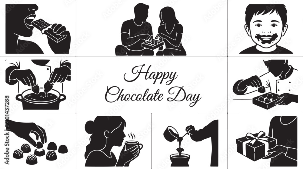 Obraz premium Happy Chocolate Day vector silhouettes, people eating and making chocolate sweets, cocoa dessert preparation icons, black and white confectionery set isolated on Transparent Background