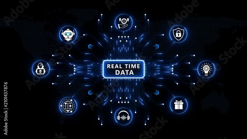 Real time data analytics dashboard presenting intelligent processing networks, digital automation systems and futuristic enterprise technology visualization on dark blue background