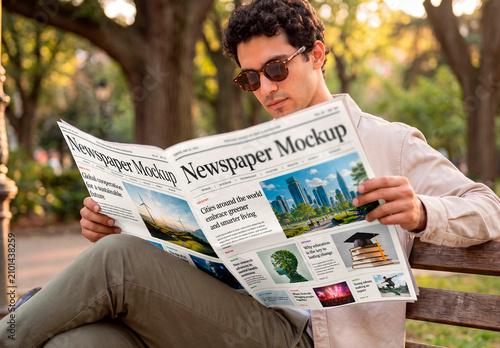 Man Reading Blank Newspaper Mockup on Park Bench