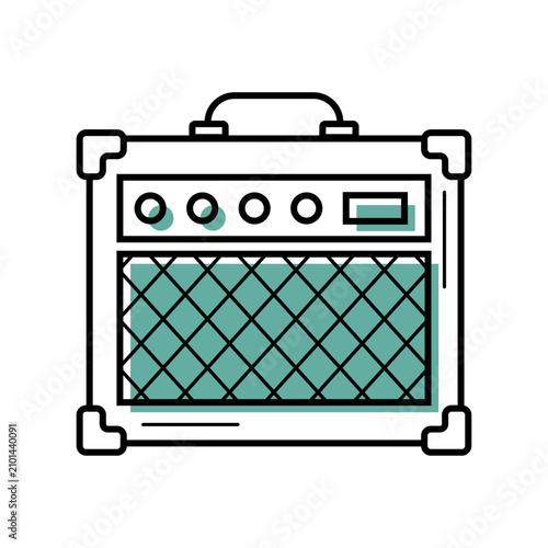 Pictogramme vectoriel d’un amplificateur de guitare avec boutons de réglage et grille de haut-parleur. Illustration minimaliste noire et turquoise sur fond blanc pour concert, répétition, studio, rock