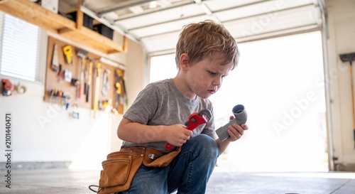 Little Boy Pretending to be a Plumber with Tools