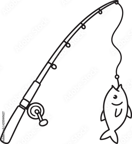 Fishing Rod with Fish Outline Icon Vector Isolated on White Background Angling Symbol