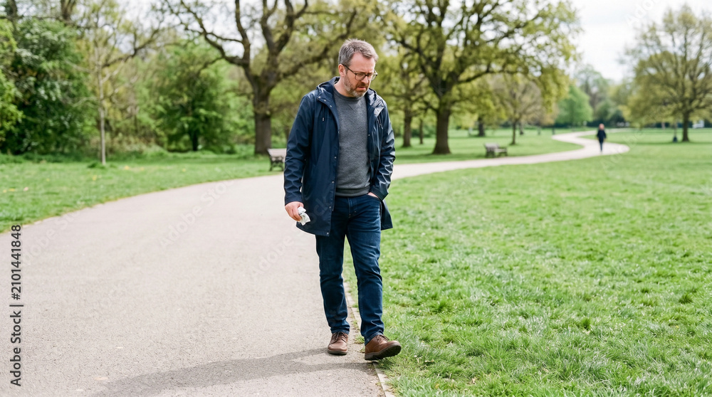 Obraz premium Man walking thoughtfully, avoiding grass, in a park setting 