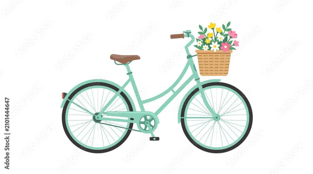 Fototapeta premium Vintage Style Mint Green Bicycle with Colorful Flowers in Wicker Basket Isolated on White Background