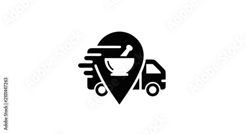 Фотография The fast delivery truck drives quickly with a cup icon.