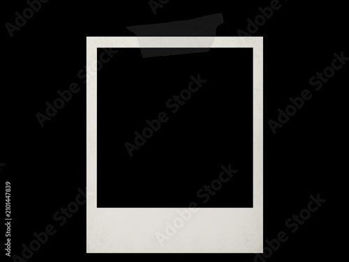Vintage photo frame card with film texture with glued black tape, isolated black JPEG.