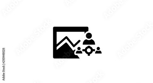 A graphic illustration shows people interacting with a large image of a mountain landscape.