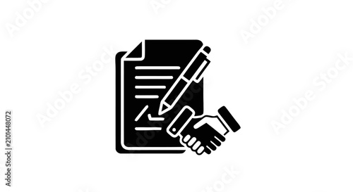 Business agreement handshake with document and pen signing contract