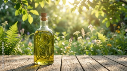Glass bottle of herbal oil with rosemary. Organic essential oil on a rustic wooden table.