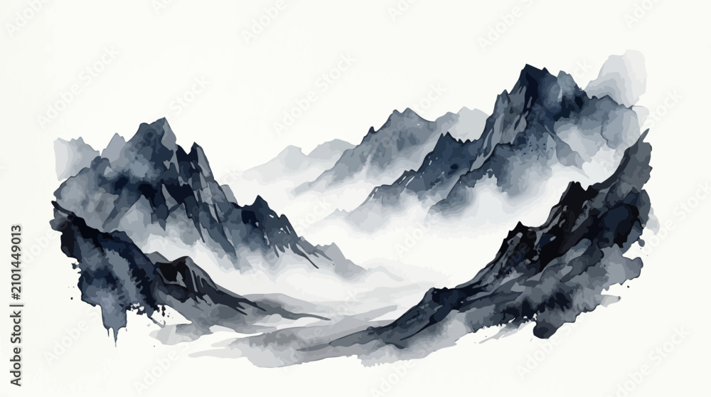 Fototapeta premium Misty Mountains Landscape, Ink Wash Painting, Traditional Asian Art Style, Serene Scenery