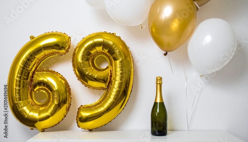 Gold Number 69 Balloon with Champagne Bottle Celebration Setup