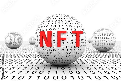 NFT conceptual sphere binary code 3d illustration