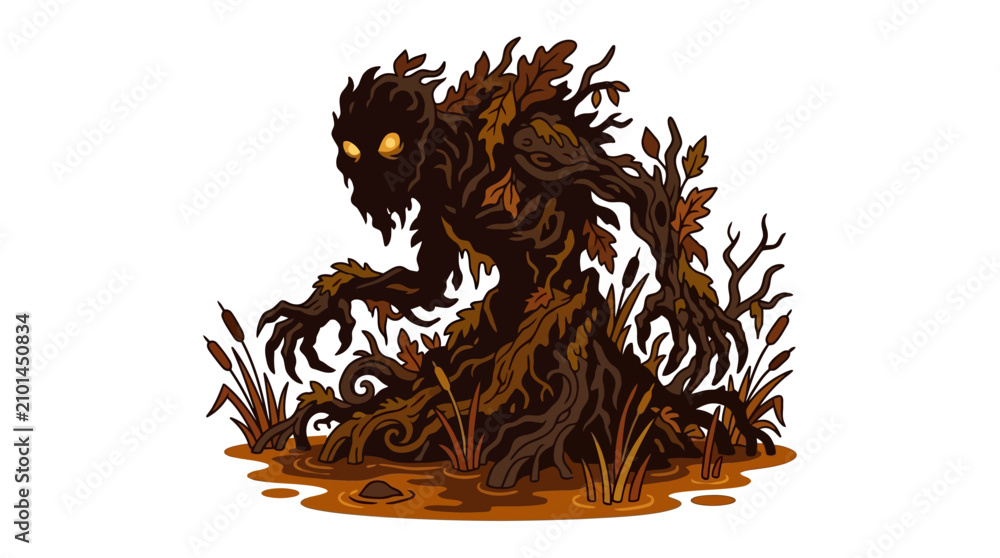 Obraz premium A menacing swamp monster emerging from dark murky waters with glowing eyes.