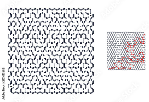 Maze design with intricate pathways on white background.  Maze Puzzle Solution Illustration. Labyrinth Logic and Pathfinding Concept.