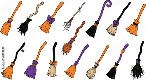 Konstfotografi Collection of various colorful witch broomsticks for halloween holiday design Ve