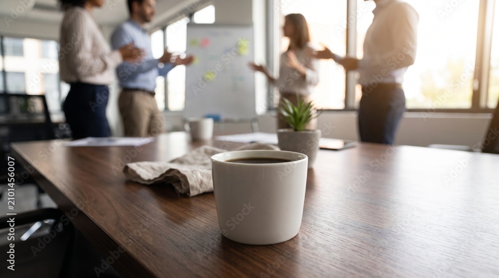 Fototapeta premium Coffee Cup on Boardroom Table with Colleagues Discussing Strategy
