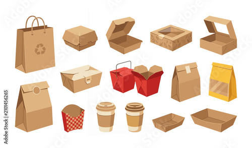 Takeaway Food Packaging Boxes Paper Bags and Coffee Cup Vector Set