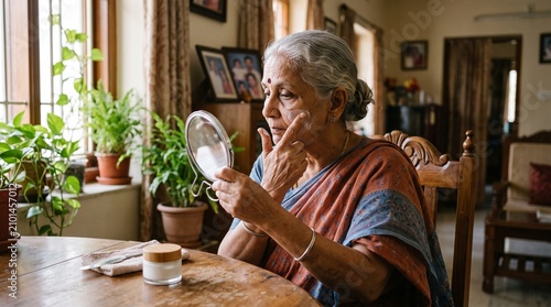Old woman applying moisturiser