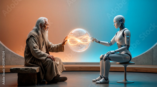 An old man, a sage in traditional clothing, and an android robot exchange energy or information through a glowing sphere filled with symbols: antiquity versus technology, the past meets the future.