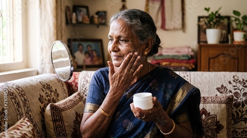 Old woman applying moisturiser