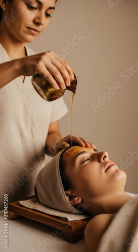 Woman receiving shirodhara therapy at spa. Ayurvedic treatment with warm oil poured on forehead for relaxation and well-being. Wellness and self-care.