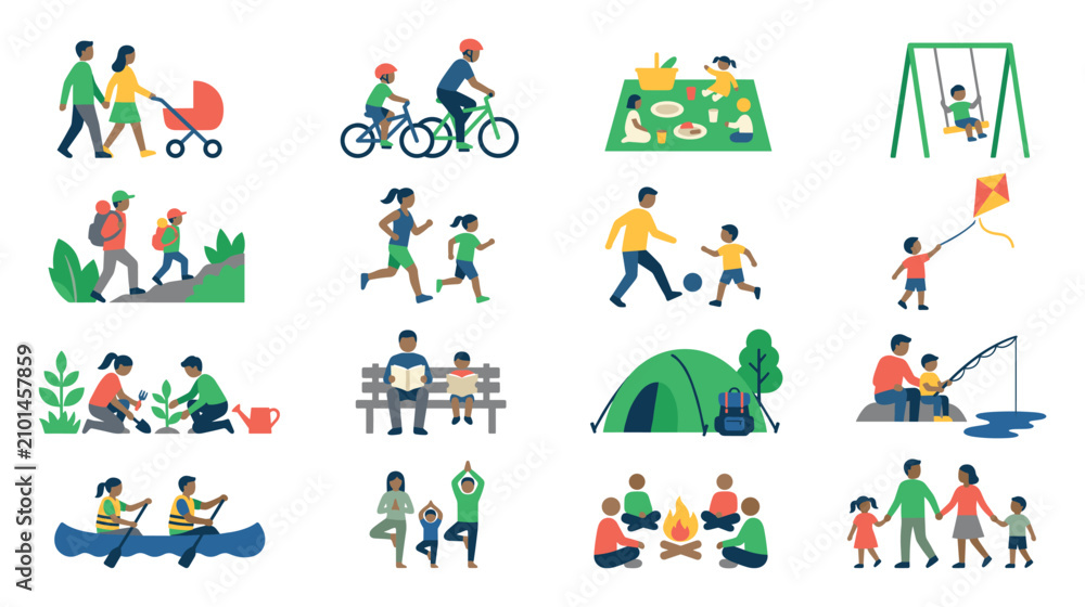 Fototapeta premium Family outdoor activities flat style icons showing parents and children having active time.