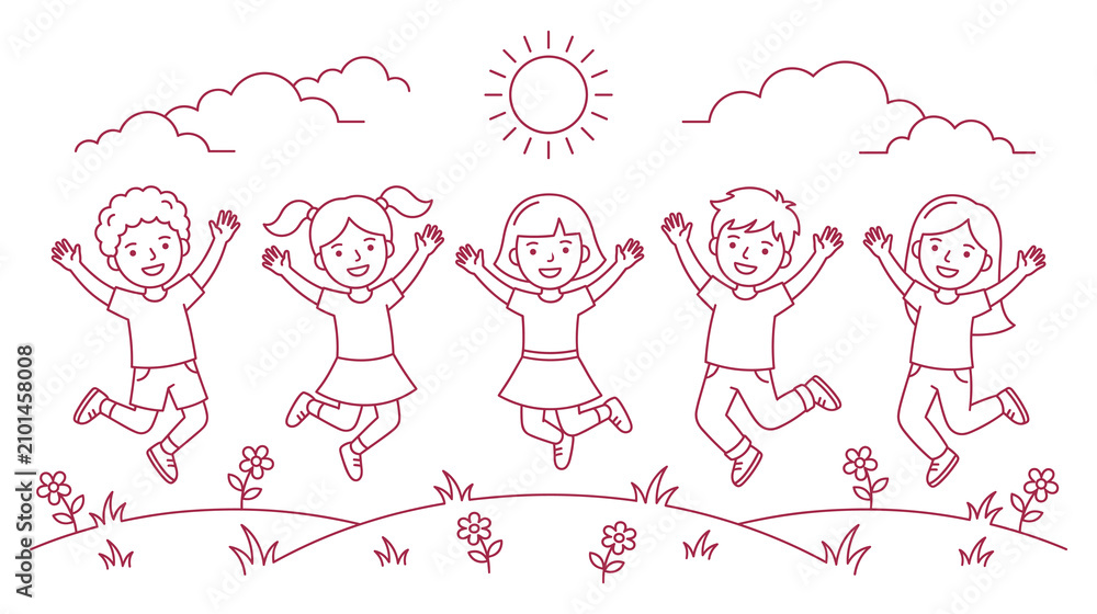 Fototapeta premium Group of happy jumping children playing in sunny nature meadow with flowers sketch.