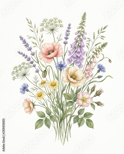 Elegant Botanical Watercolor Wildflower Bouquet Hand-Painted Floral Illustration