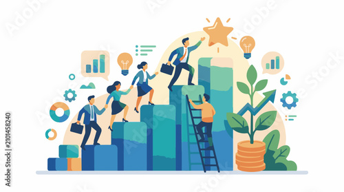 Business professionals climb upward charts toward success and star