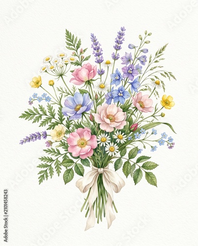 Elegant Botanical Watercolor Wildflower Bouquet Hand-Painted Floral Illustration