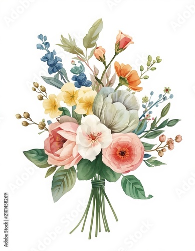 Elegant Botanical Watercolor Wildflower Bouquet Hand-Painted Floral Illustration