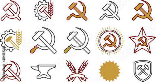 Obraz na płótnie Hammer and Sickle Communist Symbol Set with Soviet Red Star, Industrial Gear, An