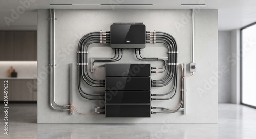 A wall-mounted residential solar storage system with inverter and battery modules in a modern home