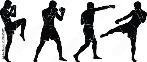 Cuadro en lienzo Kickboxing and Boxing Silhouette Vector Set Featuring Fighters Performing Knee S