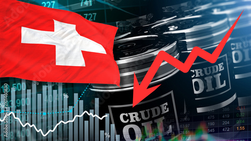 Fotografía A barrel of crude oil, the Swiss flag, and a red arrow illustrate the drop in Switzerland's oil prices, relating to market fluctuations, resource supply chain security, and global energy inflation