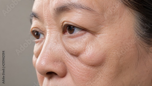 Close up of mature woman face with visible skin wrinkles and under eye puffiness and textured skin