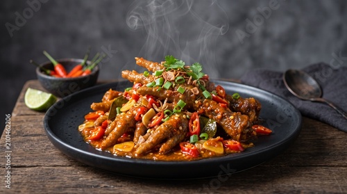 Chicken feet cooked in a rich spicy chili sauce are served on a black plate with lime wedges and garnish to present a bold and authentic culinary experience.