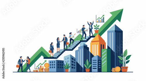 Business people climb upward on a green arrow graph surrounded by cityscape