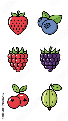 Fresh garden berries icons set featuring strawberry and raspberry