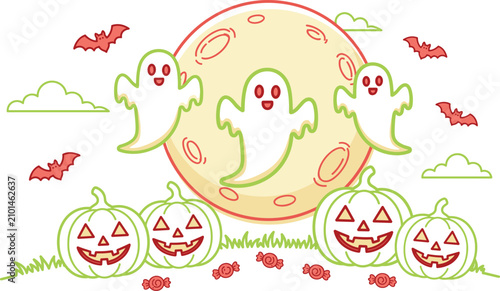 Konstfotografi Cute Halloween ghost trio flying before full moon with jack o lantern pumpkins,