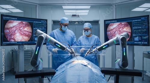 Surgeons observing robot arms