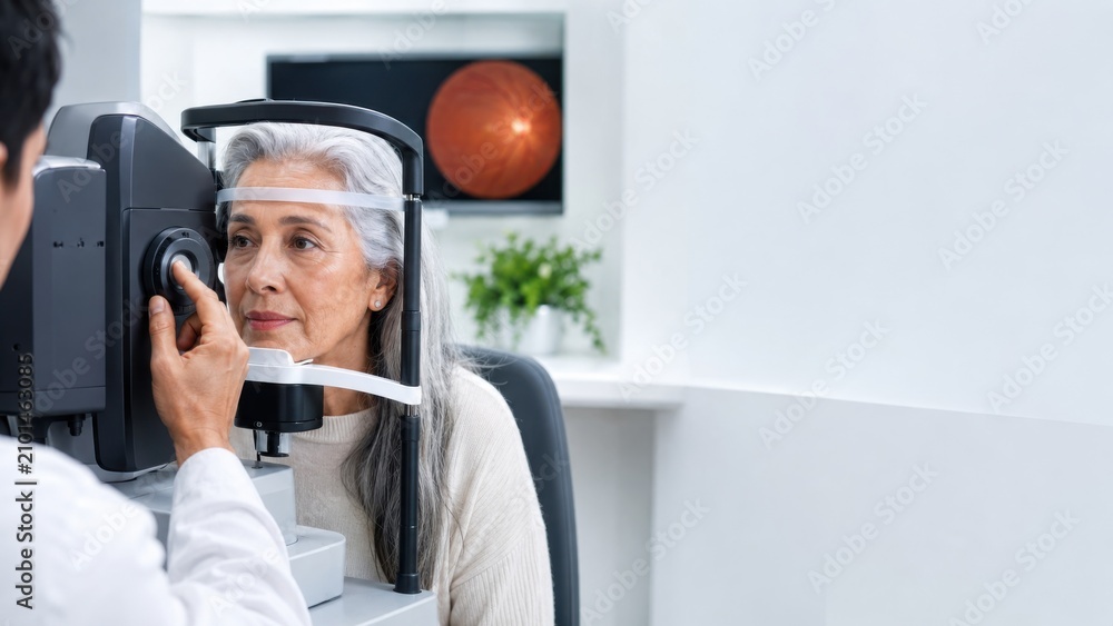 Fototapeta premium Woman using facial scanning device with assistant in indoor setting