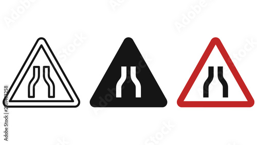 Photos Road signs warning of a narrowing road ahead in different styles
