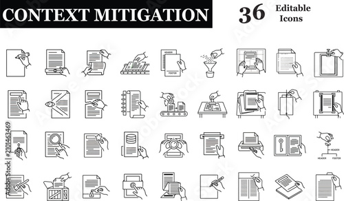Context Mitigation Icon Set - Vector Line Art Document Parsing Solution Lost-in-the-Middle Filtering Layout Context Window Highlight