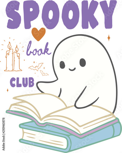 Spooky Book Club Halloween vector, cute ghost reading books illustration, pastel aesthetic autumn literary design for t-shirts and stickers