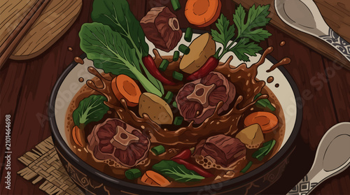 Photos Oxtail Soup Ingredients Splashing into Bowl, Overhead View of Beef, Carrots, Pot