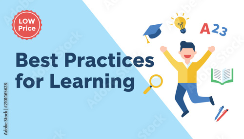 Joyful school boy jumps happily in the air surrounded by educational icons under best practices for learning text.