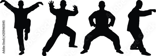 Bild auf Leinwand Tai Chi Silhouette Vector Set Featuring Kung Fu Masters Performing Traditional C